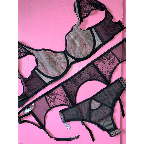 Victoria's Secret unlined 34DD BRA SET+garter BLACK VELVET POLKA DOT cap sleeve - Picture 5 of 5